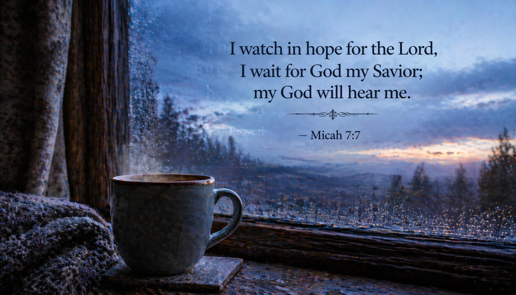 Steaming cup of tea on windowsill condensation on cold glass first grey blue light of dawn visible outside quiet waiting -- Micah 7:7 wallpaper